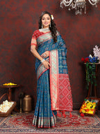 Lorenvalley Fashion Rama Patola Silk Woven Design with Zari Meenakari Weaving motifs Pallu Saree