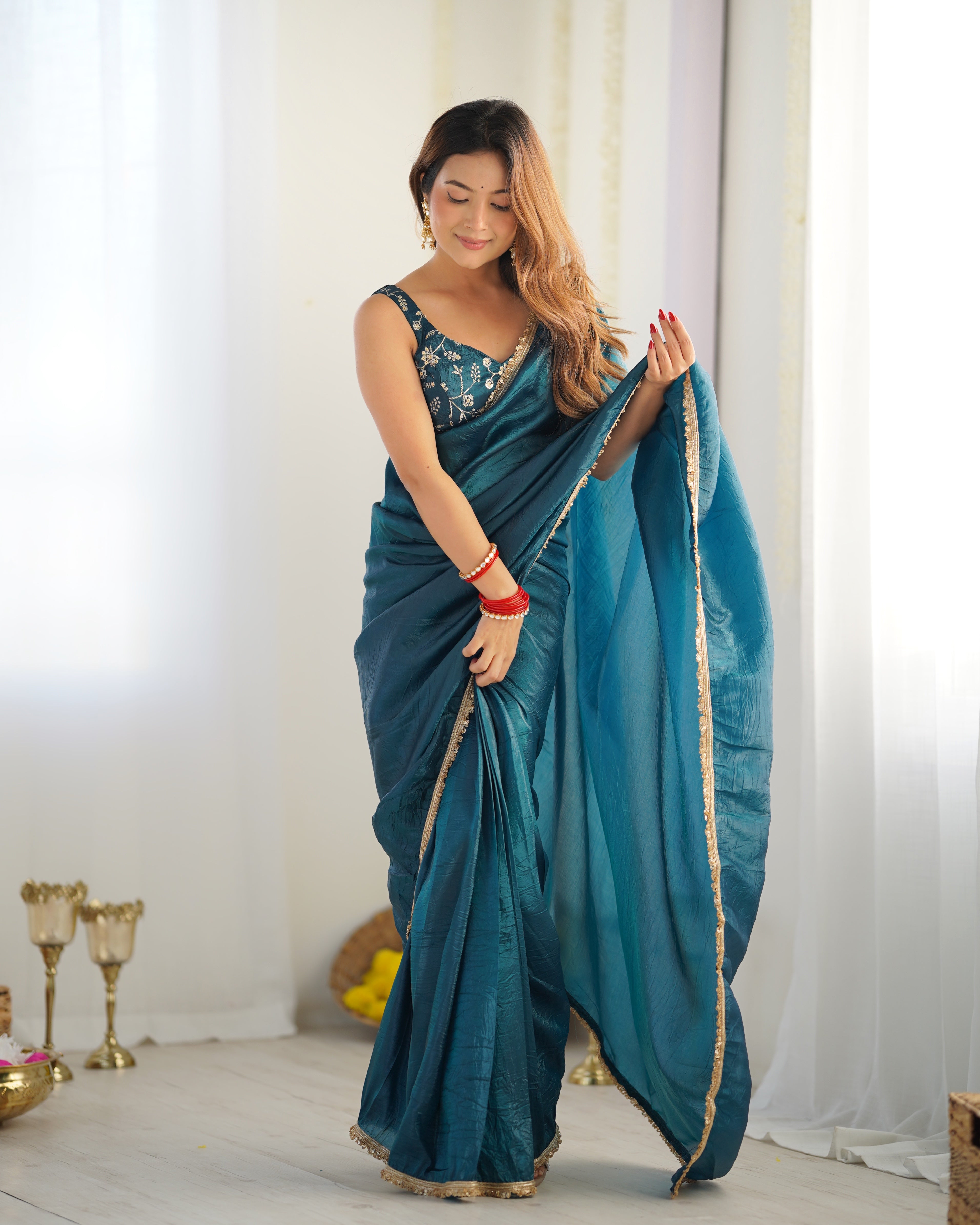 Lorenvalley Ready to wear Crush Tissue Silk Fabric Fancy Border Premium Lace Work Predrapped Saree - Distacart