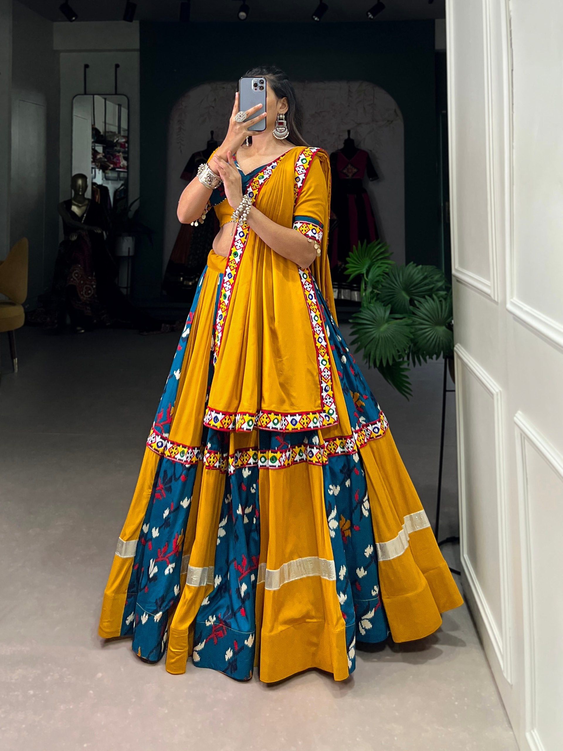 Lorenvalley Rayon Yellow and Rama with Printed Silk Original Mirror Gamthi Work and Embossed Design Gota Lehenga Choli with Dupatta