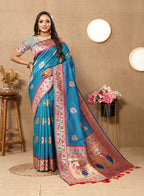 Lorenvalley Fashion Rama Soft Paithani Silk Woven Design Rich Meenakari Zari Weaving Pallu Saree