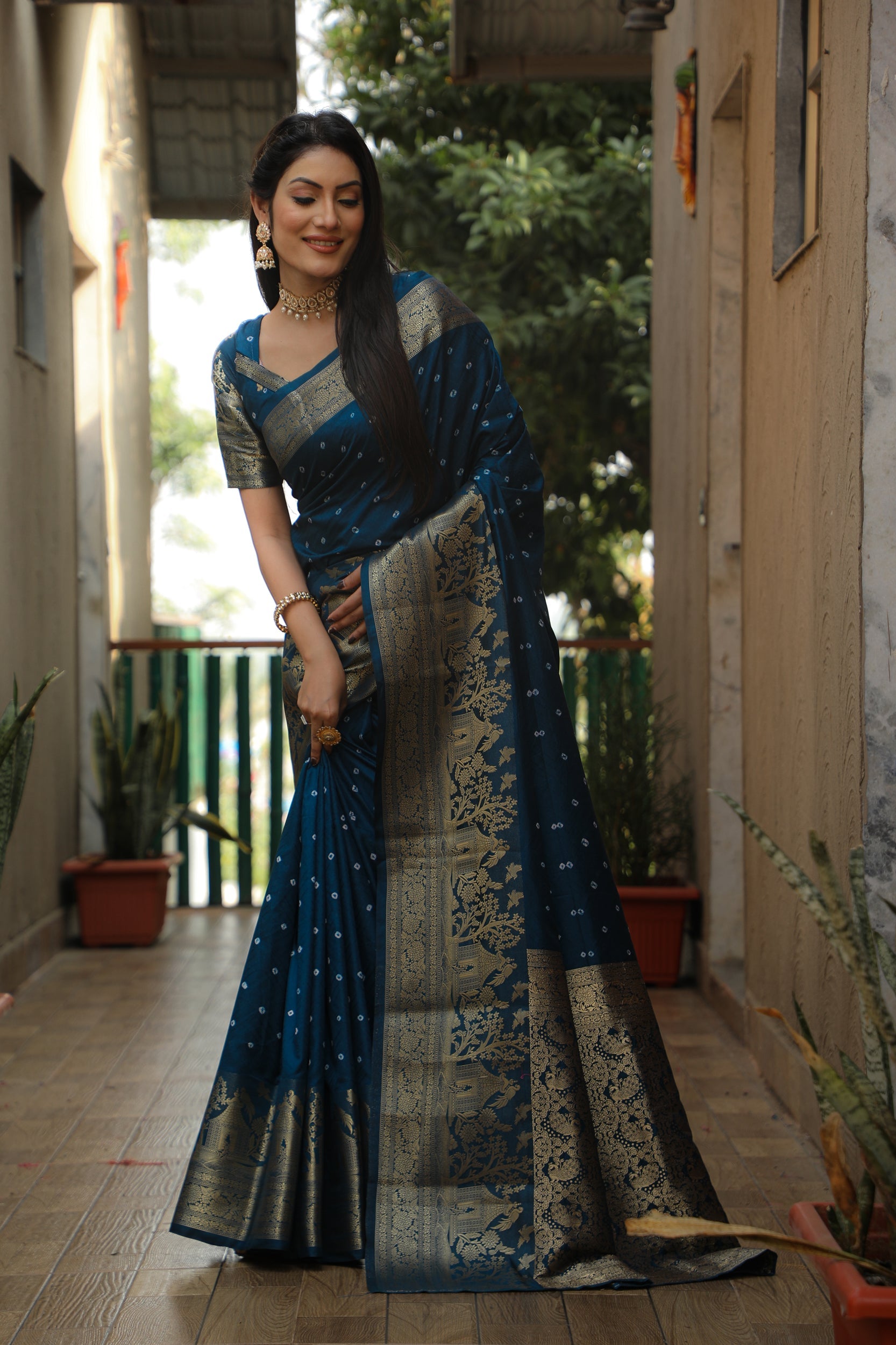 Lorenvalley Premium Pure Handmade Bandhej Kanjivaram silk saree with Zari Weaving Rich Pallu saree - Rama