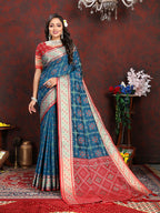 Lorenvalley Fashion Rama Patola Silk Woven Design with Zari Meenakari Weaving motifs Pallu Saree