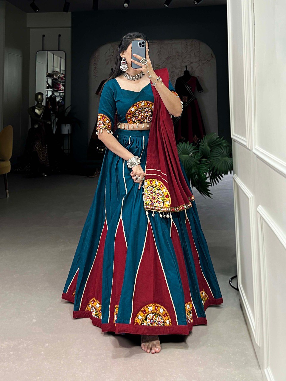 Lorenvalley Rama Pure Cotton Plain And Gamthi Patch Work With Gota Patti Lehenga Choli with Dupatta