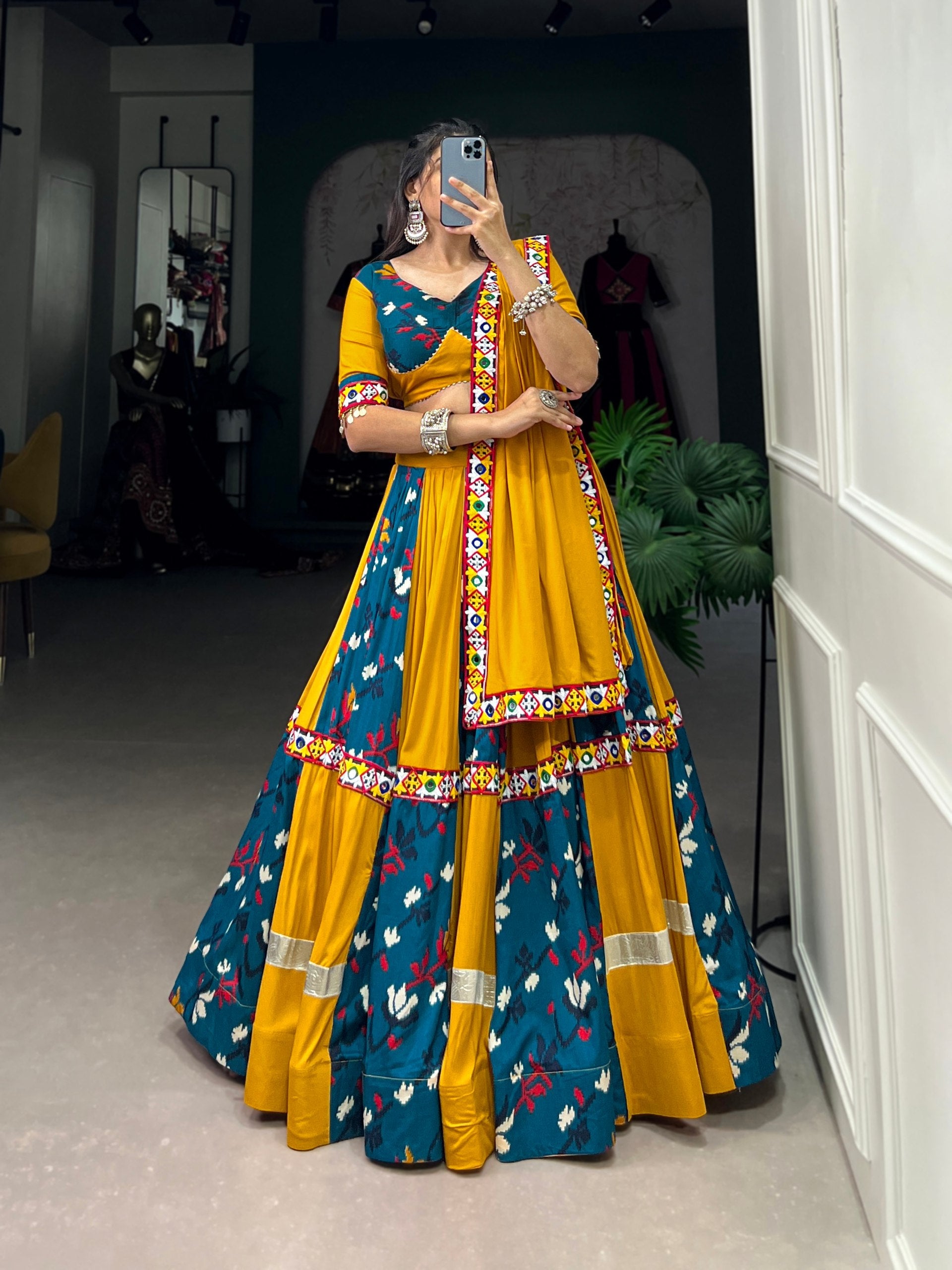 Lorenvalley Rayon Yellow and Rama with Printed Silk Original Mirror Gamthi Work and Embossed Design Gota Lehenga Choli with Dupatta