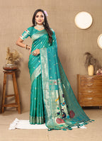 Lorenvalley Fashion Rama Soft Paithani Silk Woven Design Rich Zari Meenakari Weaving Saree