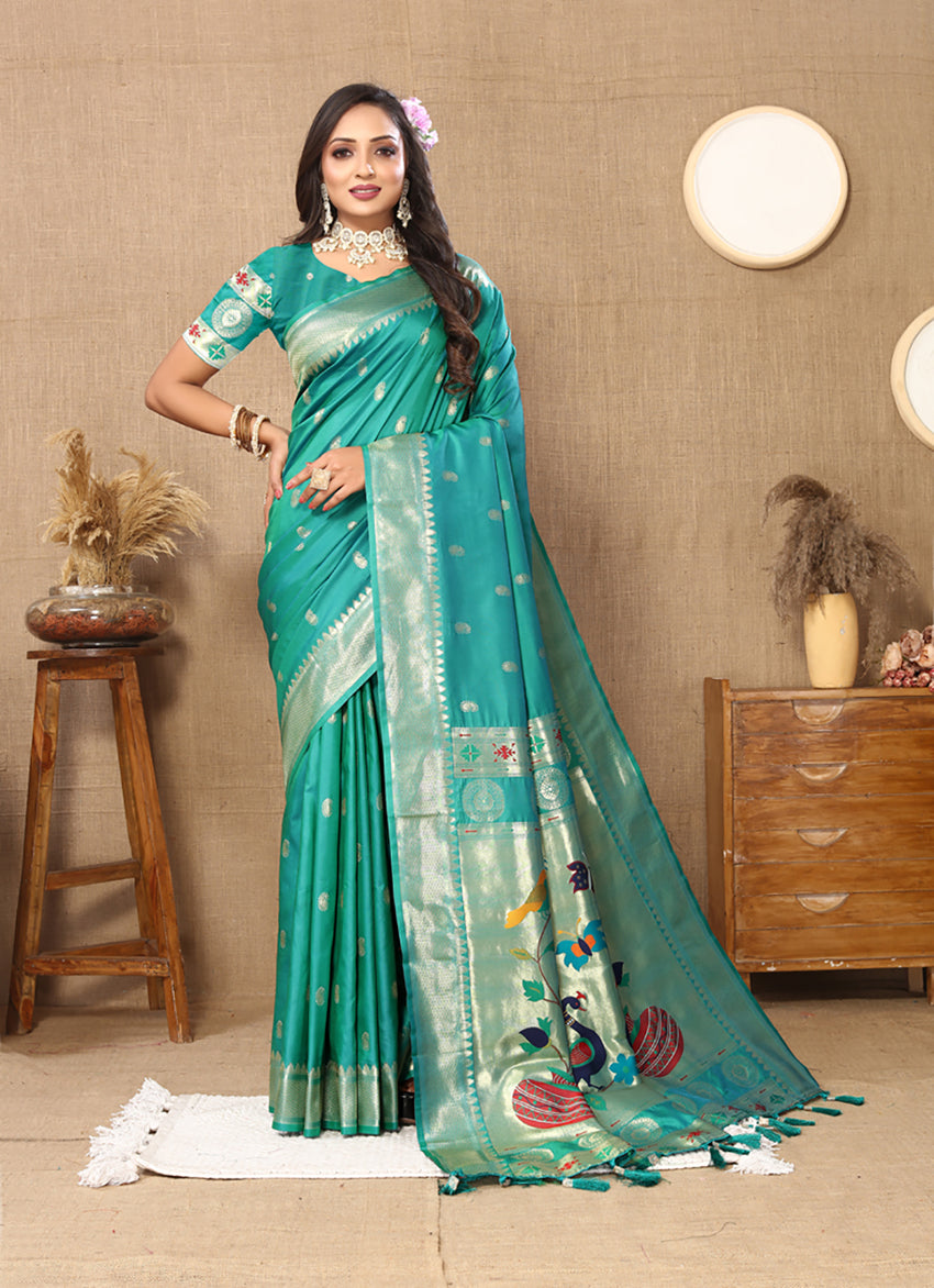 Lorenvalley Fashion Rama Soft Paithani Silk Woven Design Rich Zari Meenakari Weaving Saree