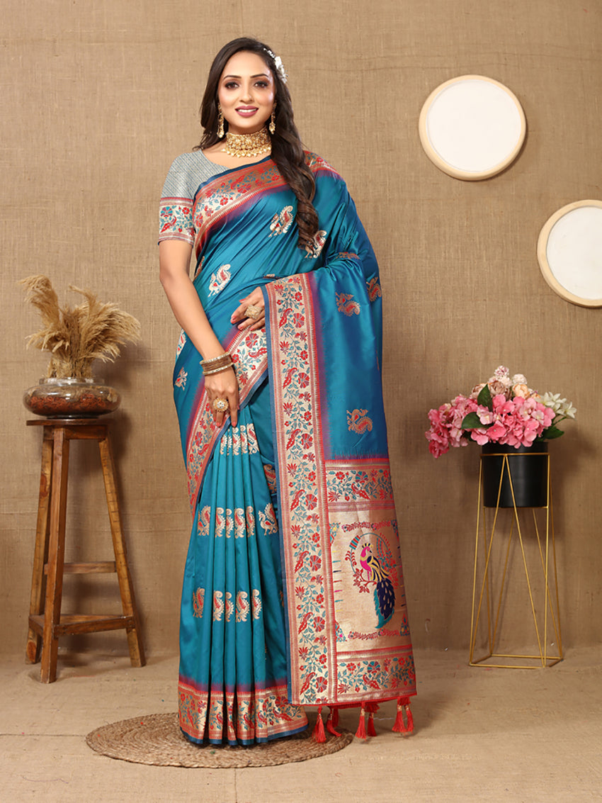 Lorenvalley Fashion Rama Soft Paithani Silk Woven Design Rich Meenakari Zari Weaving Pallu Saree