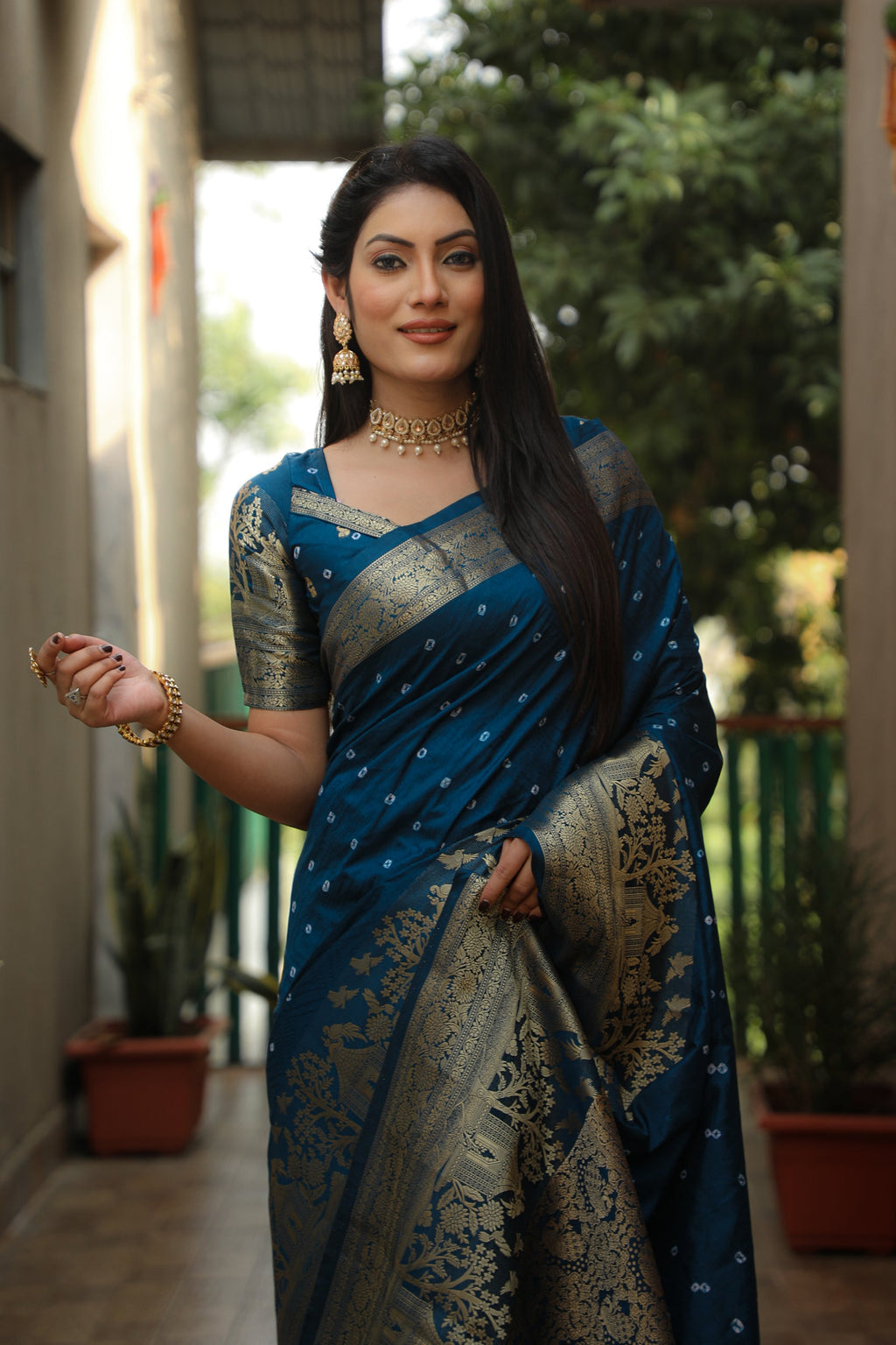 Lorenvalley Premium Pure Handmade Bandhej Kanjivaram silk saree with Zari Weaving Rich Pallu saree - Rama