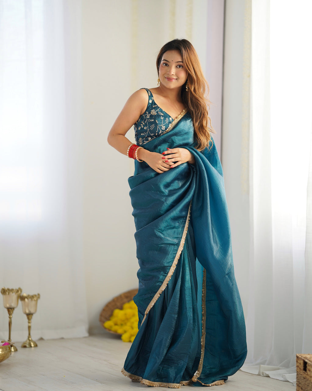 Lorenvalley Ready to wear Crush Tissue Silk Fabric Fancy Border Premium Lace Work Predrapped Saree - Distacart