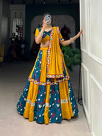 Lorenvalley Yellow and Rama Rayon with Printed Silk Original Mirror Gamthi Work and Embossed Design Gota Lehenga Choli with Dupatta