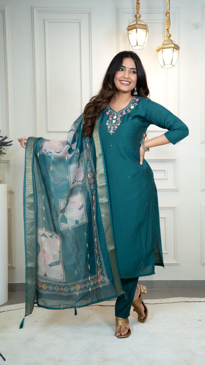 Lorenvalley Fashion Rama Roman Silk Hand Work Kurta Pant with Dupatta - Distacart