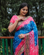 Lorenvalley Premium Pure Bandhej Tapeta Soft light weight silk saree with zari weaving Border - Multicolor