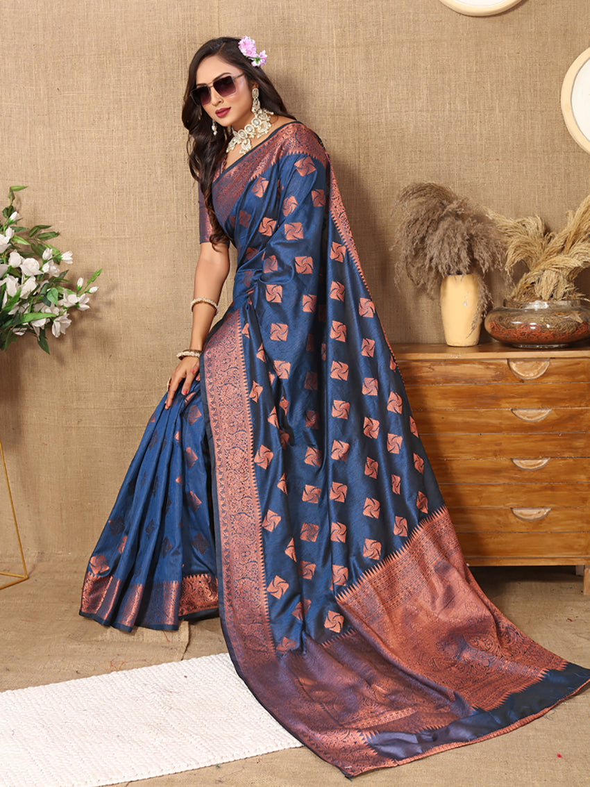 Lorenvalley Fashion Rama Soft Katan Silk Woven Design Copper Zari Weaving Saree