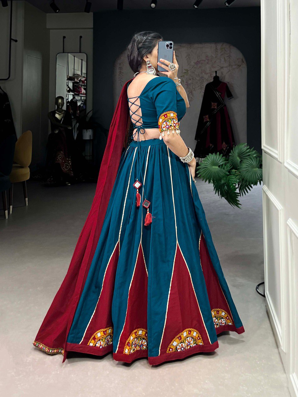 Lorenvalley Pure Cotton Rama Plain And Gamthi Patch Work With Gota Patti Lehenga Choli with Dupatta