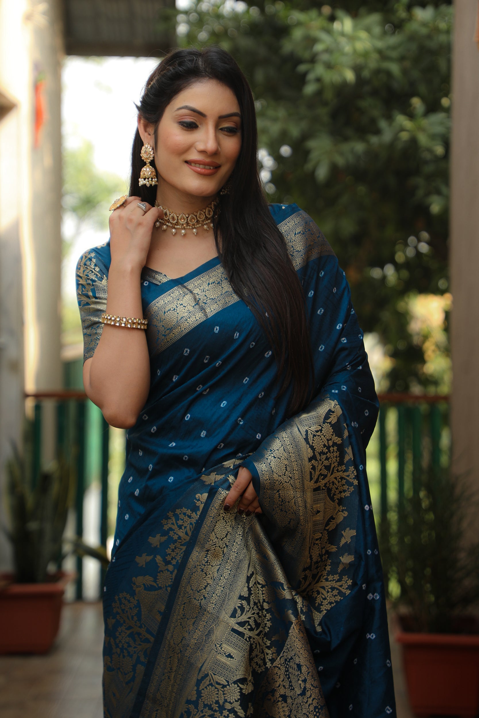 Lorenvalley Premium Pure Handmade Bandhej Kanjivaram silk saree with Zari Weaving Rich Pallu saree - Rama