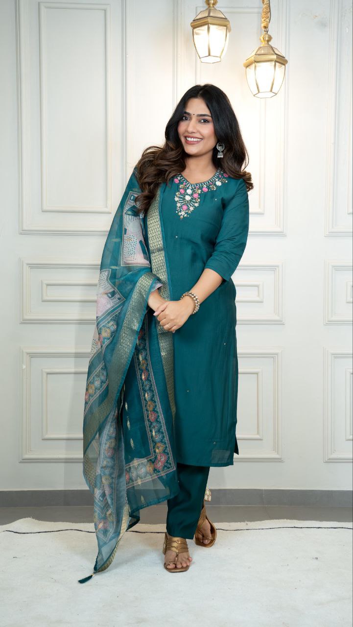 Lorenvalley Fashion Rama Roman Silk Hand Work Kurta Pant with Dupatta - Distacart