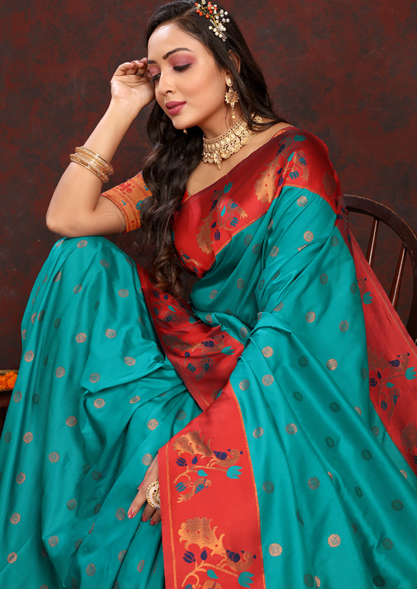 Lorenvalley Fashion Rama Soft Paithani Silk Woven Design Rich Zari Meenakari Weaving Saree