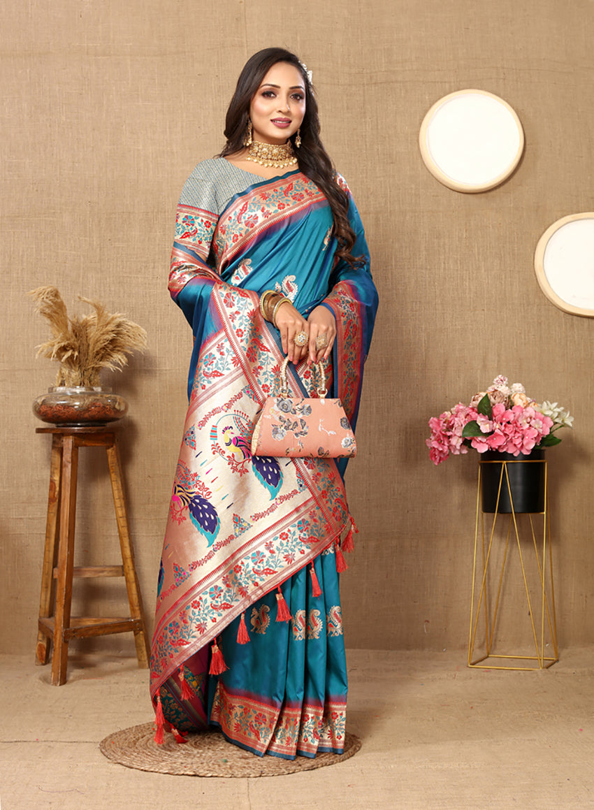 Lorenvalley Fashion Rama Soft Paithani Silk Woven Design Rich Meenakari Zari Weaving Pallu Saree
