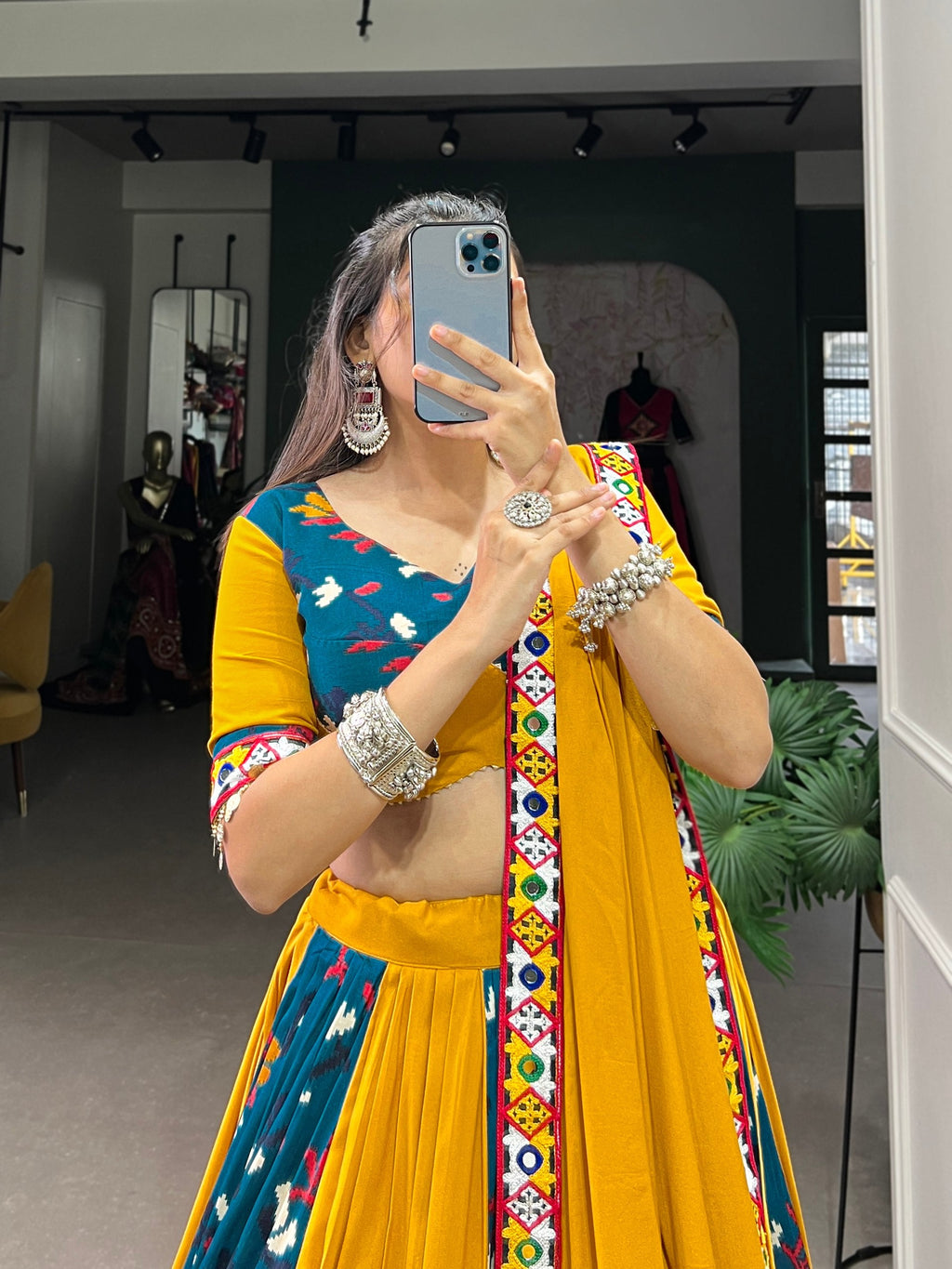 Lorenvalley Rayon Yellow and Rama with Printed Silk Original Mirror Gamthi Work and Embossed Design Gota Lehenga Choli with Dupatta
