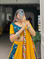 Lorenvalley Rayon Yellow and Rama with Printed Silk Original Mirror Gamthi Work and Embossed Design Gota Lehenga Choli with Dupatta