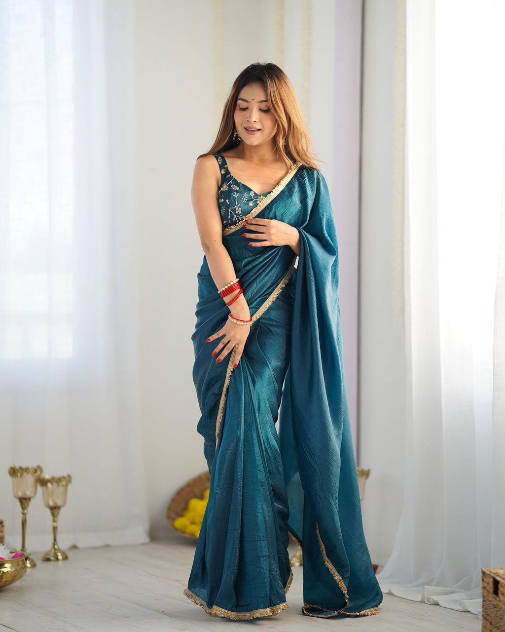Lorenvalley Ready to wear Crush Tissue Silk Fabric Fancy Border Premium Lace Work Predrapped Saree - Distacart