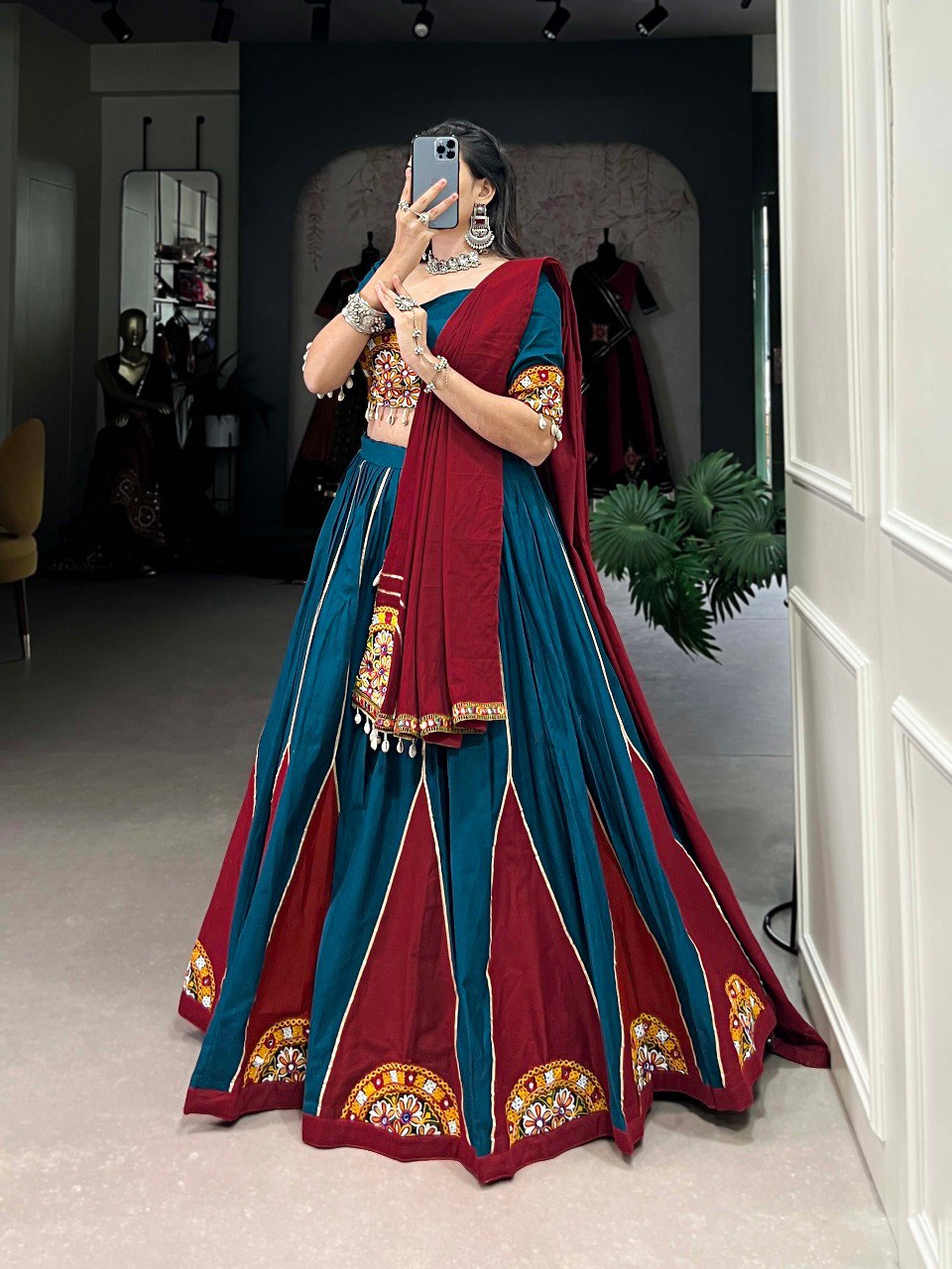 Lorenvalley Pure Cotton Rama Plain And Gamthi Patch Work With Gota Patti Lehenga Choli with Dupatta