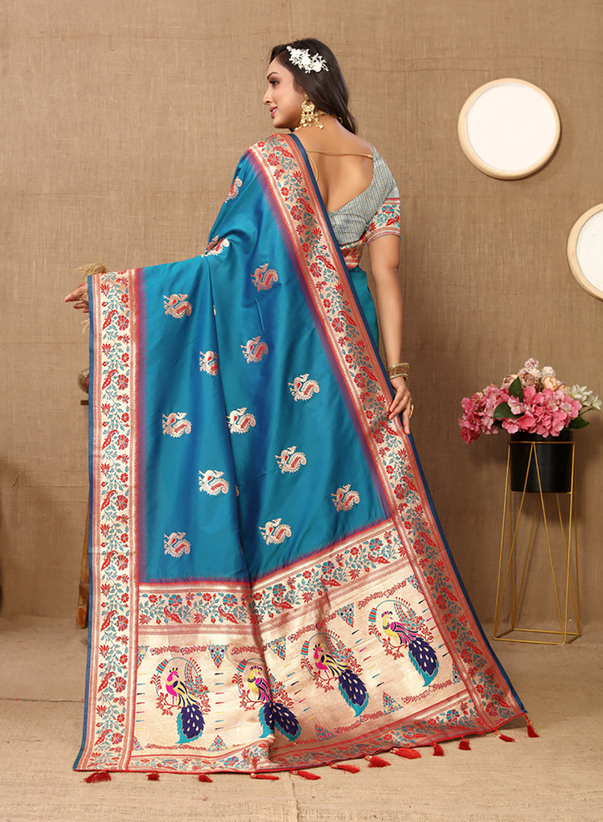 Lorenvalley Fashion Rama Soft Paithani Silk Woven Design Rich Meenakari Zari Weaving Pallu Saree