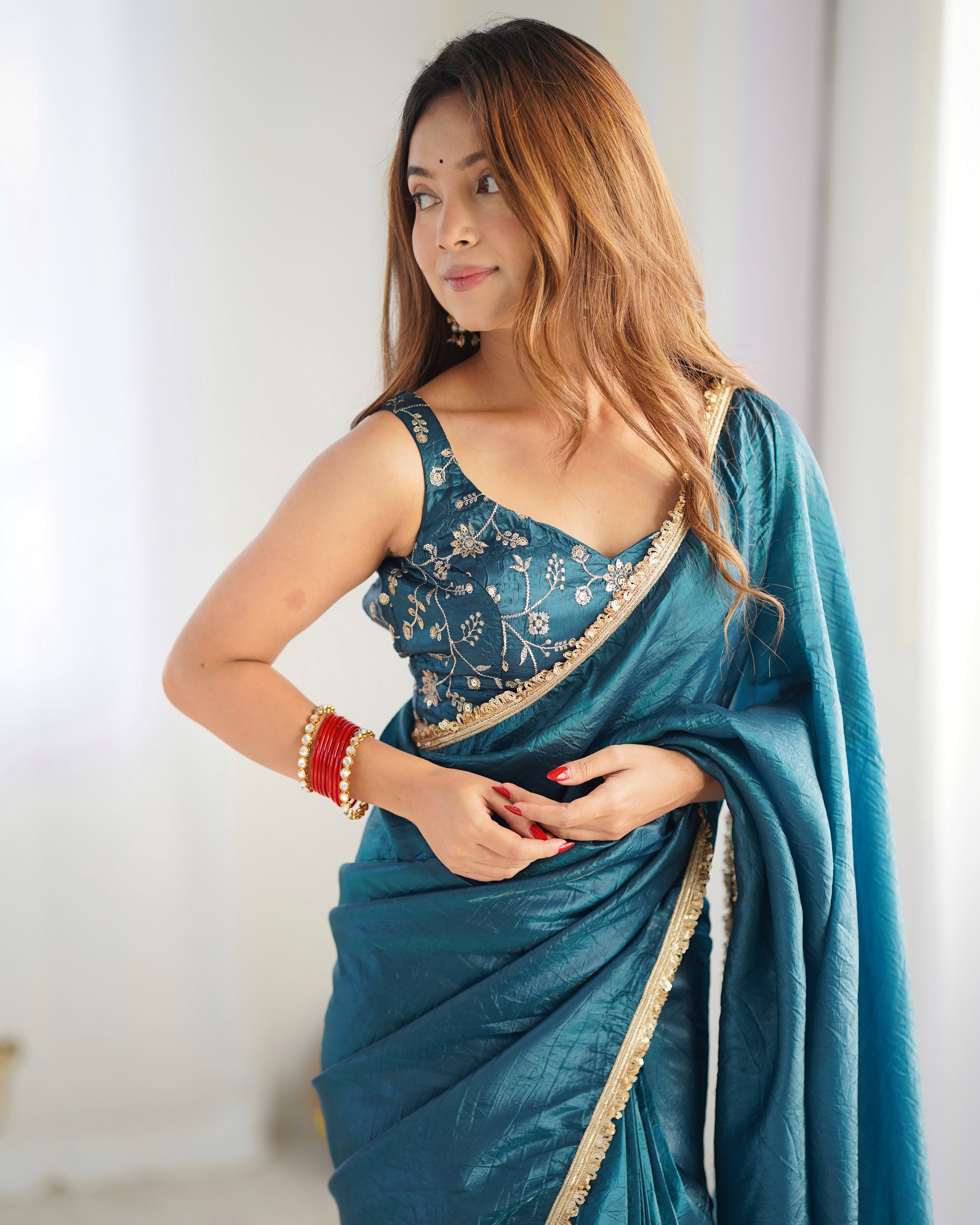 Lorenvalley Ready to wear Crush Tissue Silk Fabric Fancy Border Premium Lace Work Predrapped Saree - Distacart