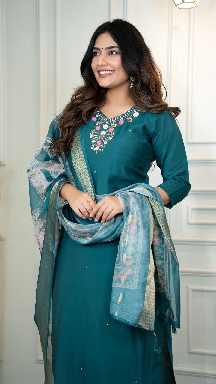 Lorenvalley Fashion Rama Roman Silk Hand Work Kurta Pant with Dupatta - Distacart