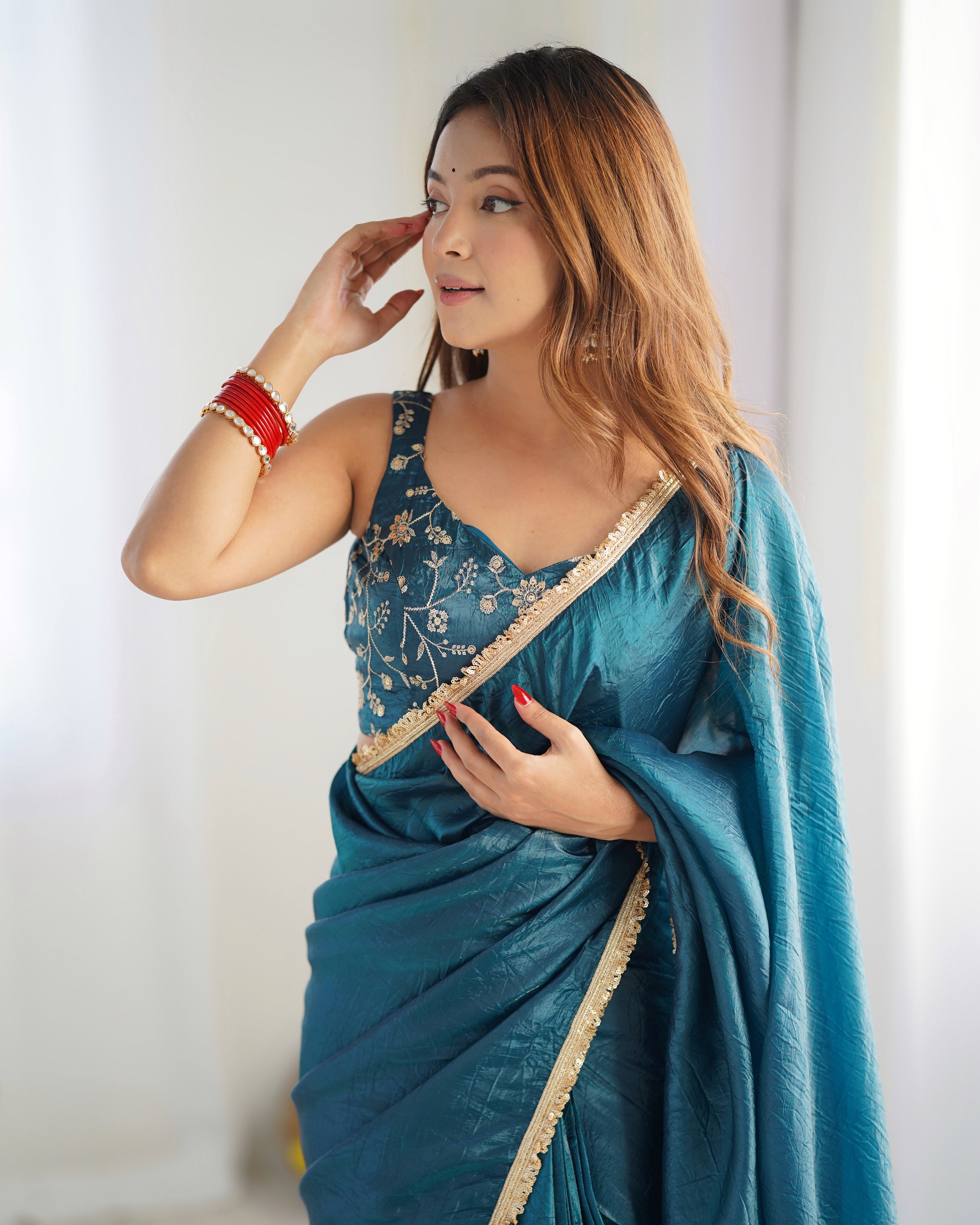 Lorenvalley Ready to wear Crush Tissue Silk Fabric Fancy Border Premium Lace Work Predrapped Saree - Distacart