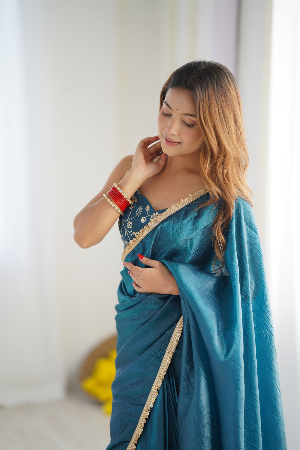 Lorenvalley Ready to wear Crush Tissue Silk Fabric Fancy Border Premium Lace Work Predrapped Saree - Distacart