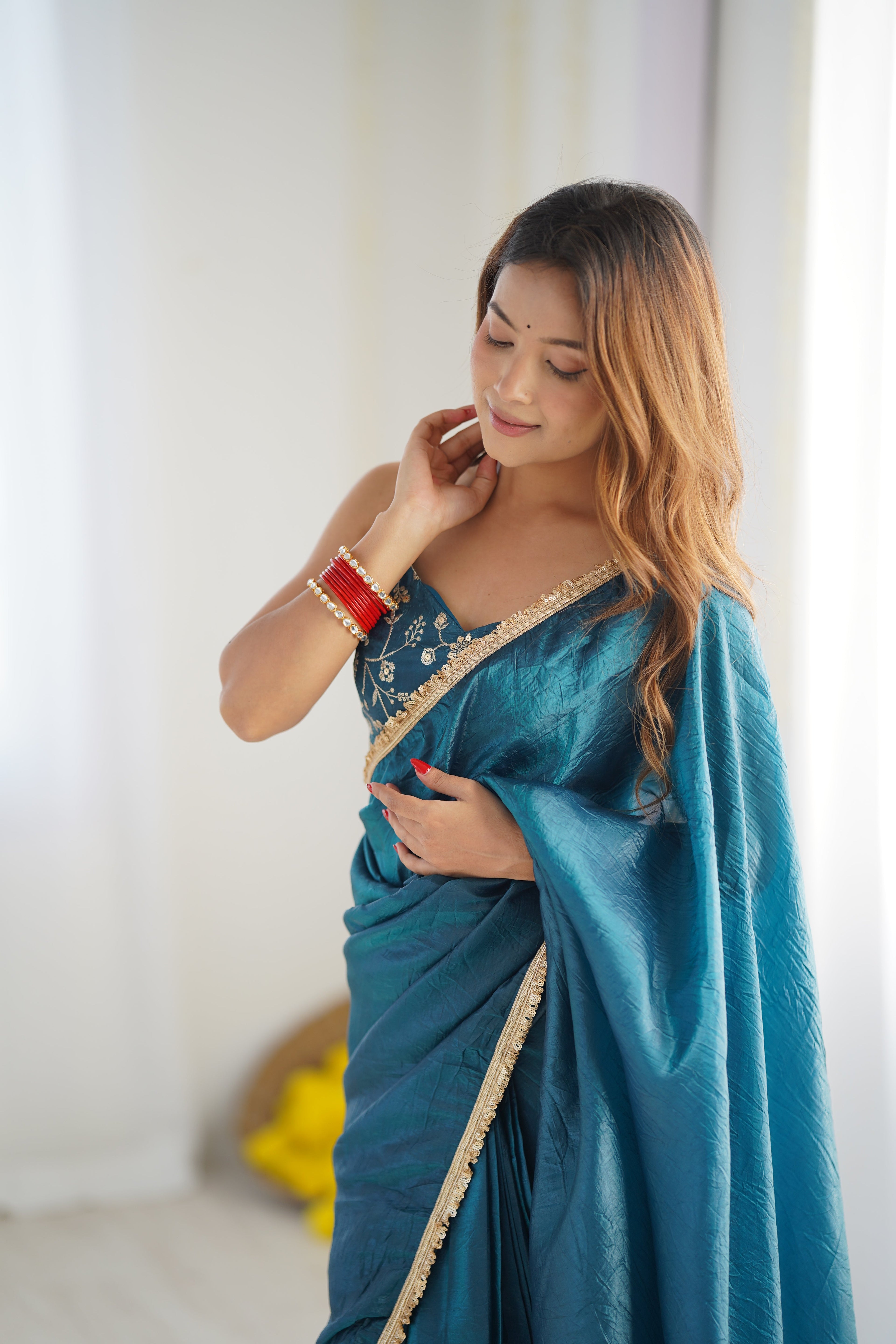 Lorenvalley Ready to wear Crush Tissue Silk Fabric Fancy Border Premium Lace Work Predrapped Saree - Distacart