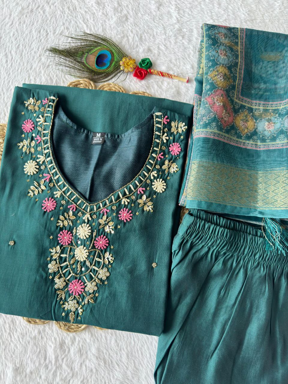 Lorenvalley Fashion Rama Roman Silk Hand Work Kurta Pant with Dupatta - Distacart