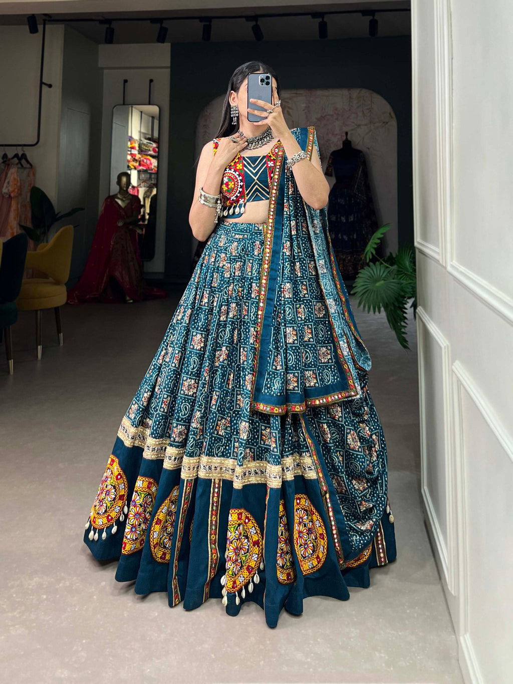Lorenvalley Rama Pure Rayon Navratri Chaniya Choli, Complete With Sophisticated Printed Foil Work And Gamthi Patch & Lace Touch-Up