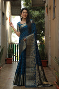 Lorenvalley Premium Pure Handmade Bandhej Kanjivaram silk saree with Zari Weaving Rich Pallu saree - Rama
