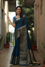 Lorenvalley Premium Pure Handmade Bandhej Kanjivaram silk saree with Zari Weaving Rich Pallu saree - Rama