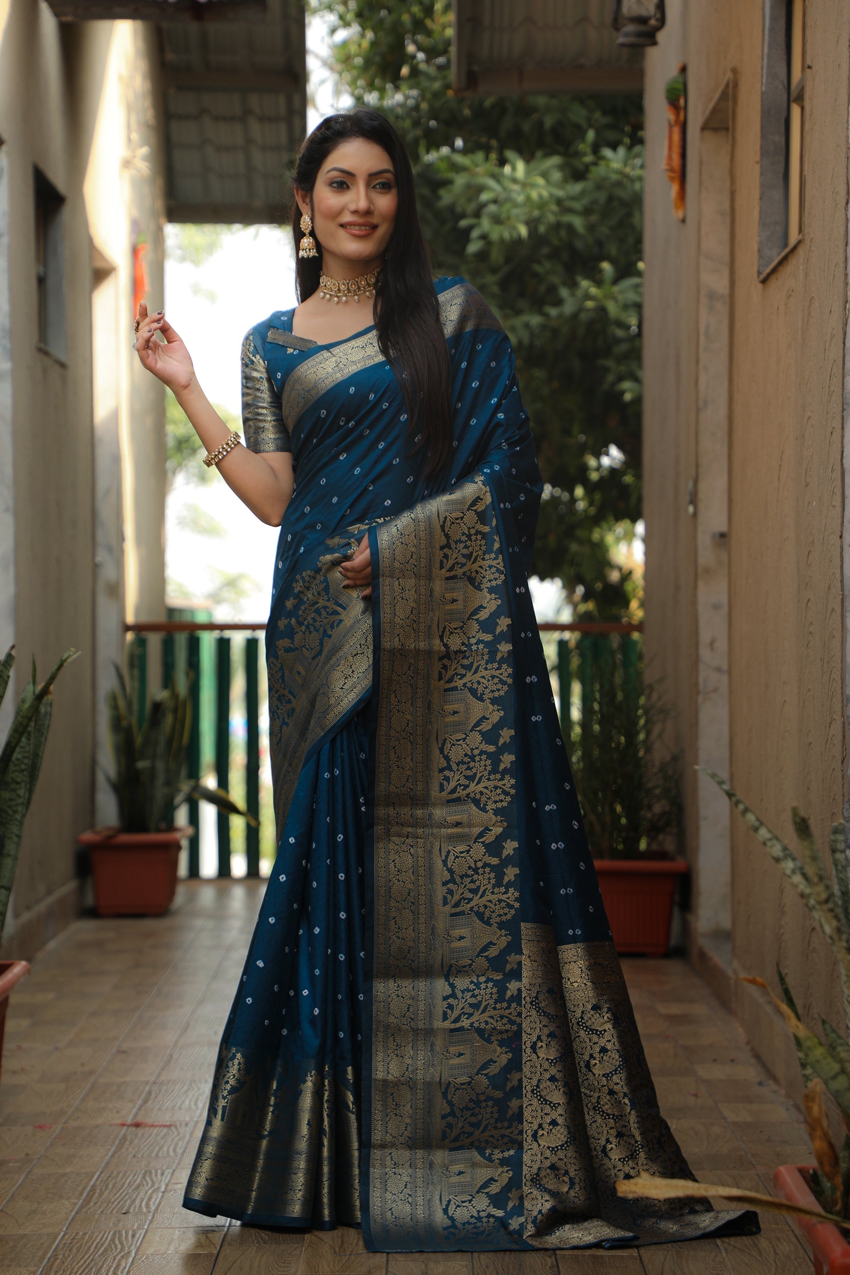Lorenvalley Premium Pure Handmade Bandhej Kanjivaram silk saree with Zari Weaving Rich Pallu saree - Rama