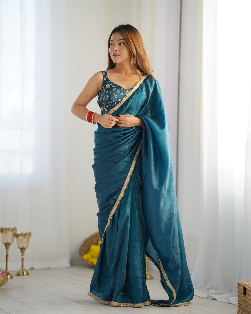 Lorenvalley Ready to wear Crush Tissue Silk Fabric Fancy Border Premium Lace Work Predrapped Saree - Distacart