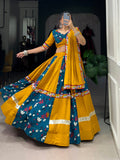 Lorenvalley Rayon Yellow and Rama with Printed Silk Original Mirror Gamthi Work and Embossed Design Gota Lehenga Choli with Dupatta