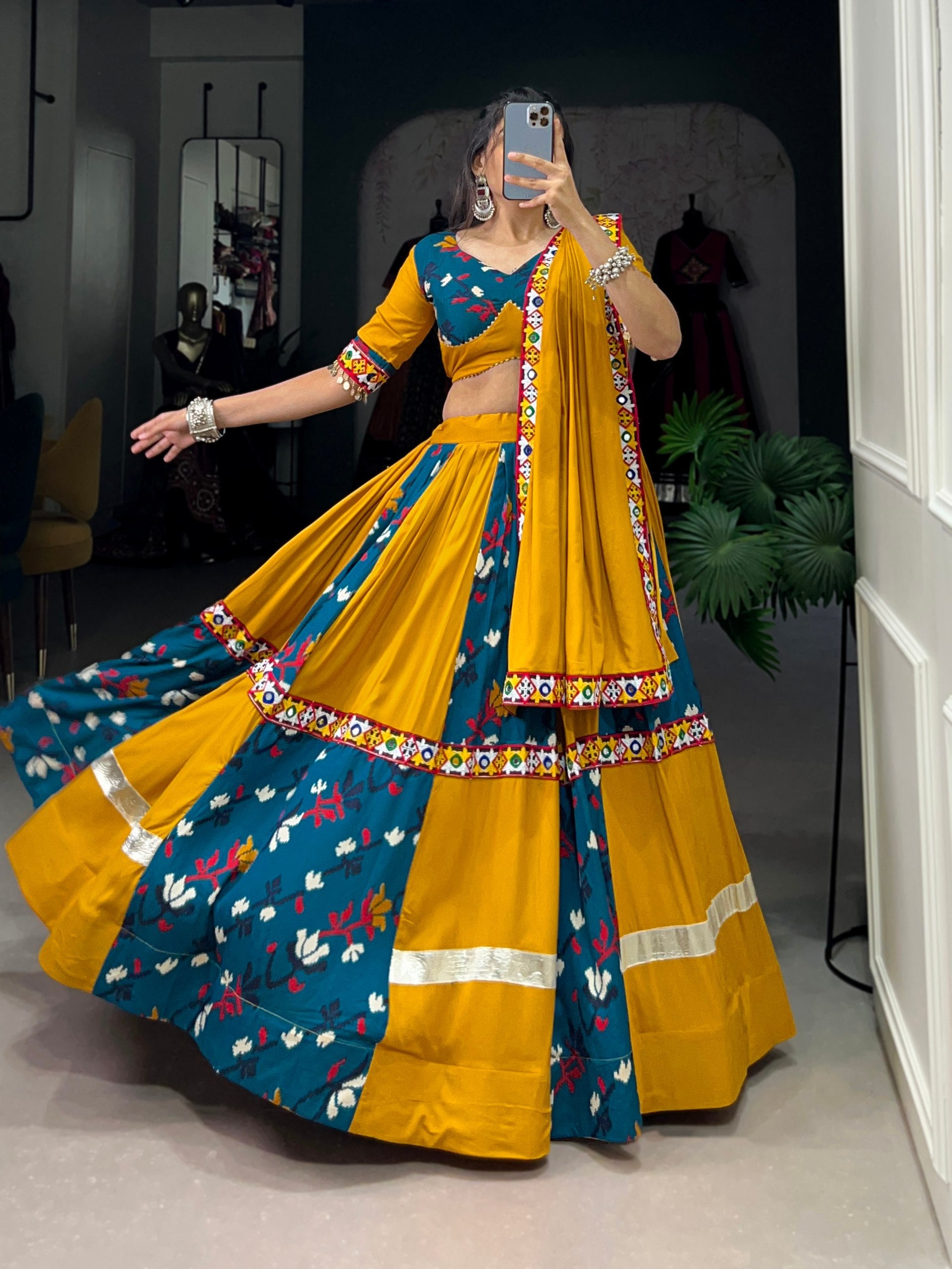 Lorenvalley Rayon Yellow and Rama with Printed Silk Original Mirror Gamthi Work and Embossed Design Gota Lehenga Choli with Dupatta
