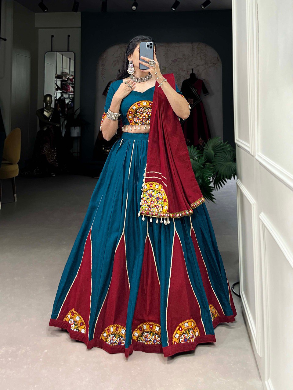 Lorenvalley Pure Cotton Rama Plain And Gamthi Patch Work With Gota Patti Lehenga Choli with Dupatta
