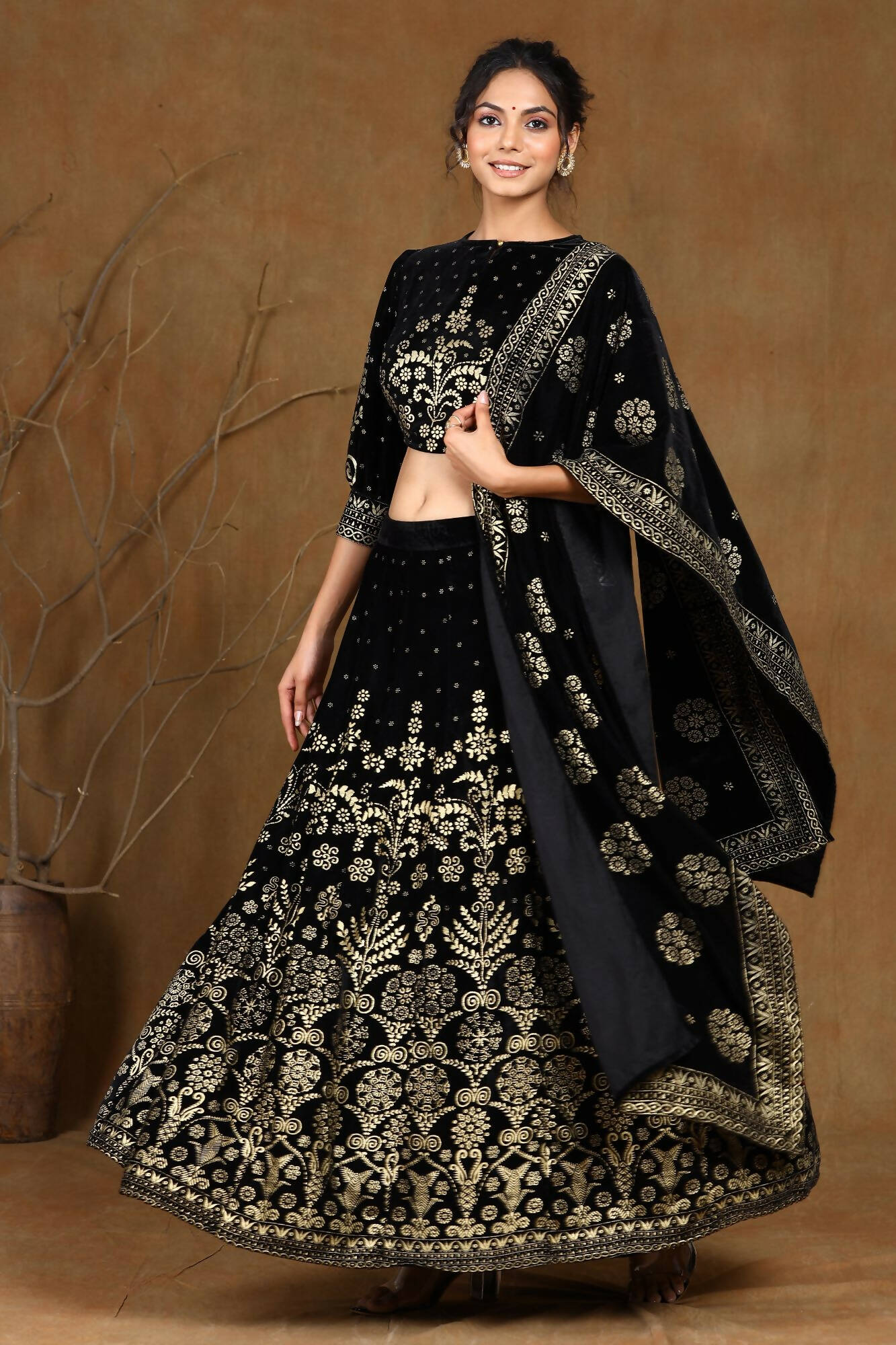 Juniper Women Black Velvet Printed Flared Lehenga Choli Sets - Distacart