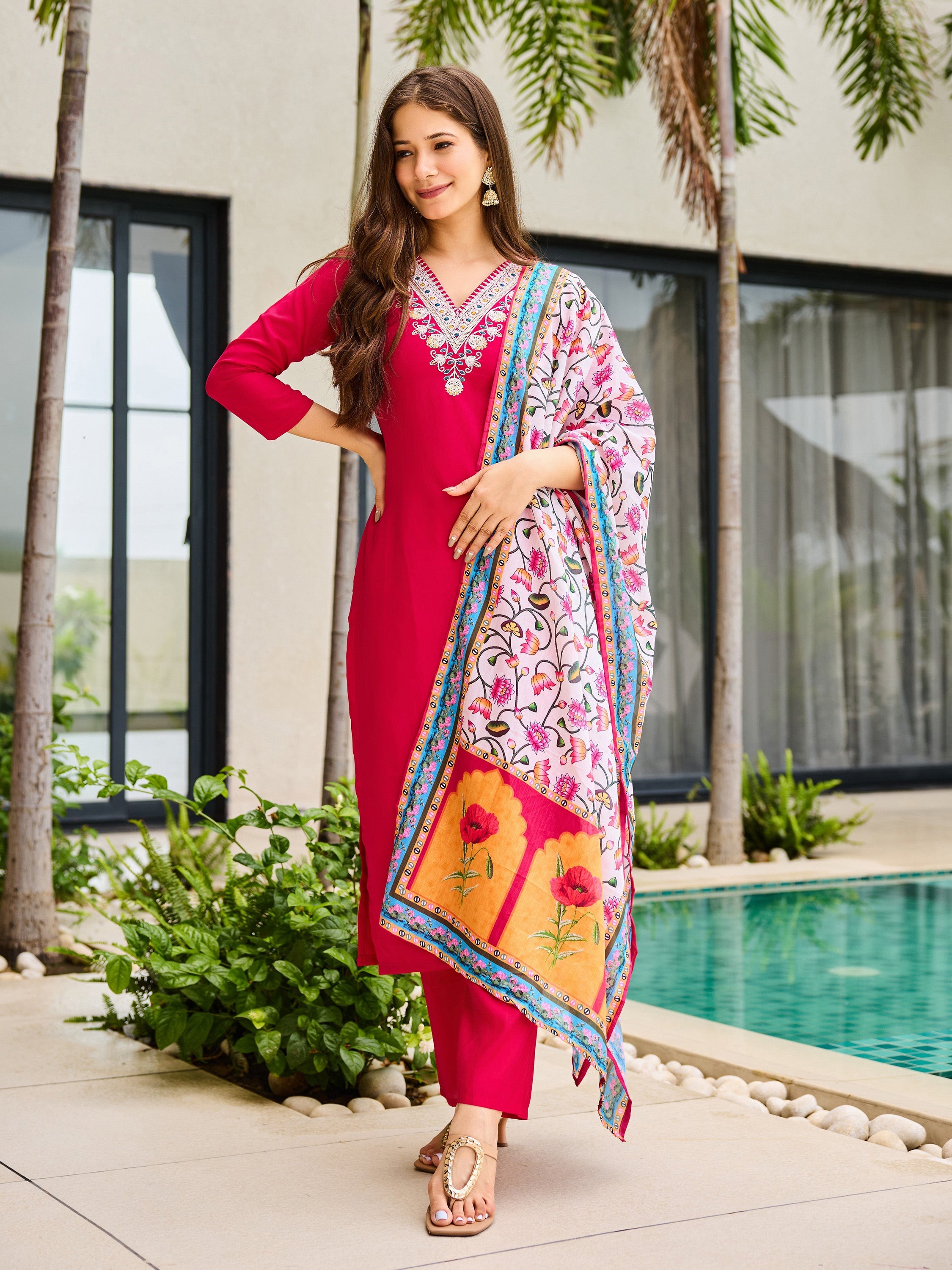 The52 Thread Work Rayon Fabric Straight Kurta, Pant and Dupatta Set - Distacart