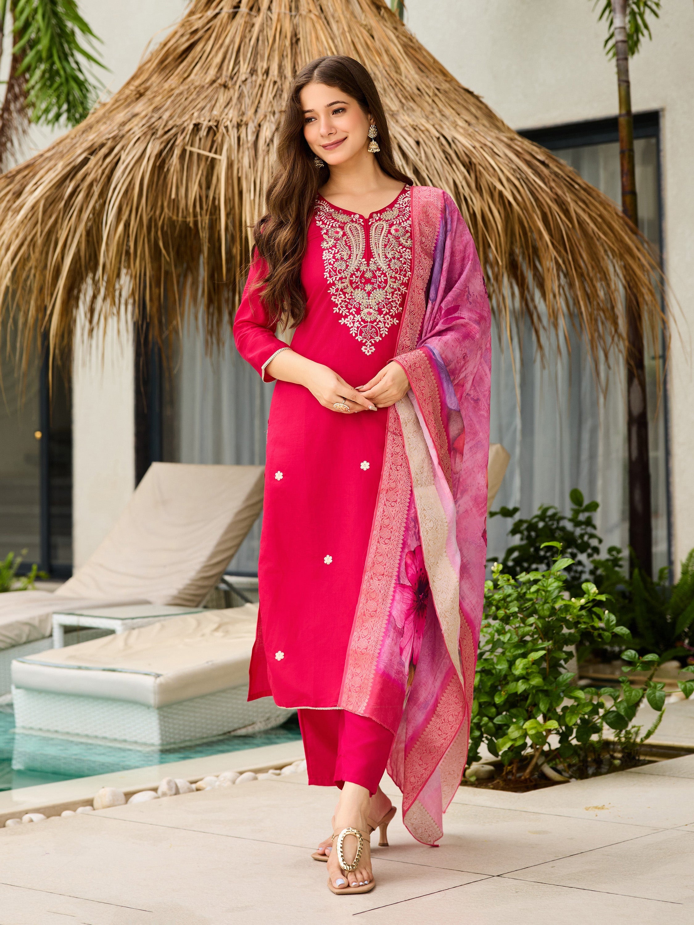 The52 Women's Gorgeous Viscose Embroidery work Straight Kurta with Pant and Dupatta Set - Distacart