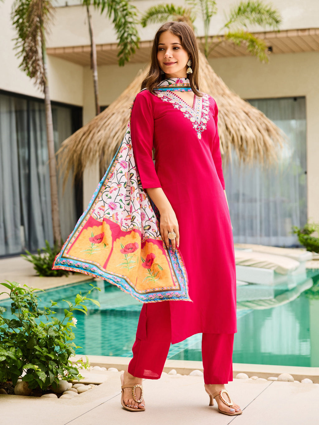 The52 Thread Work Rayon Fabric Straight Kurta, Pant and Dupatta Set - Distacart
