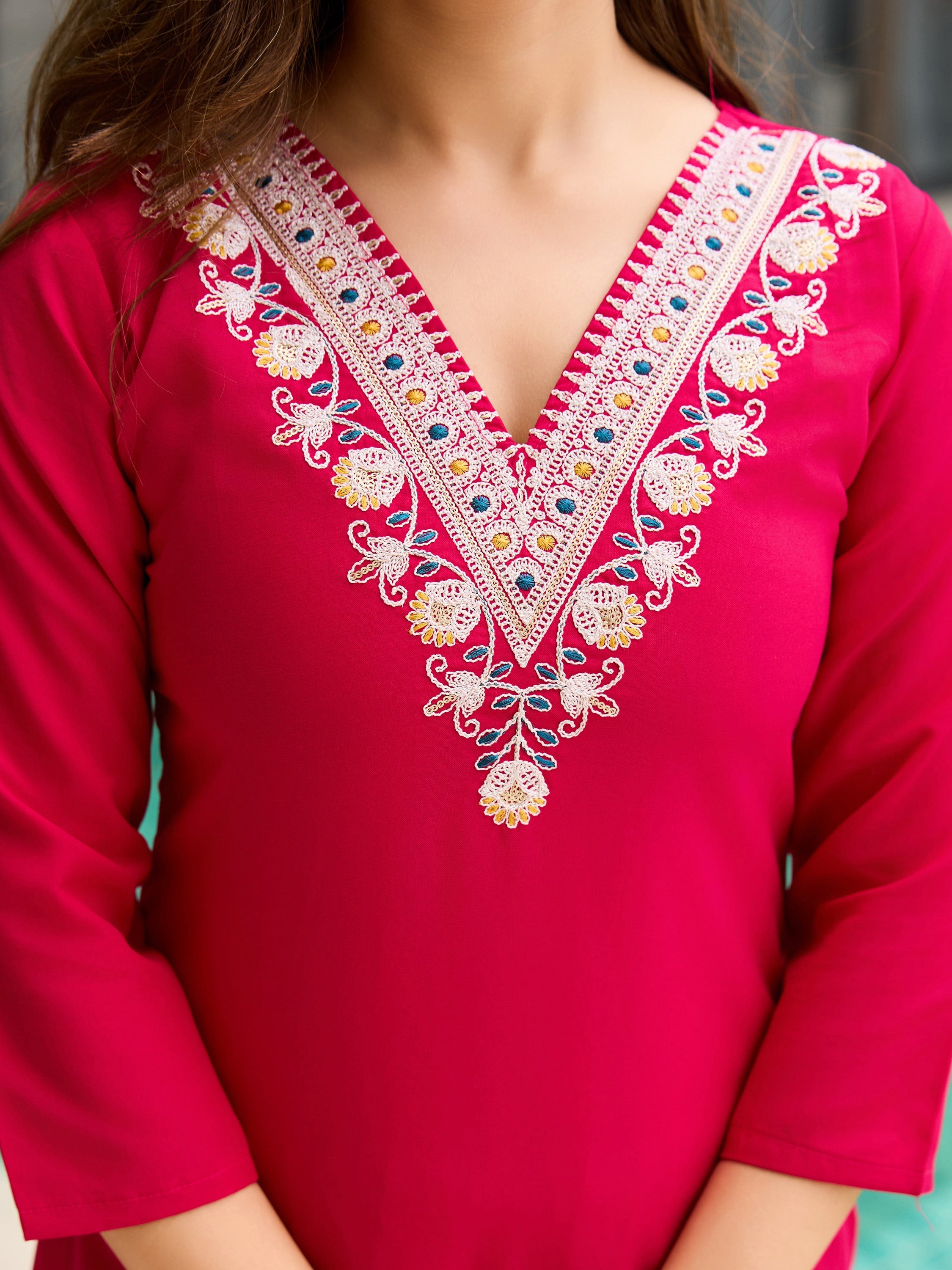 The52 Thread Work Rayon Fabric Straight Kurta, Pant and Dupatta Set - Distacart