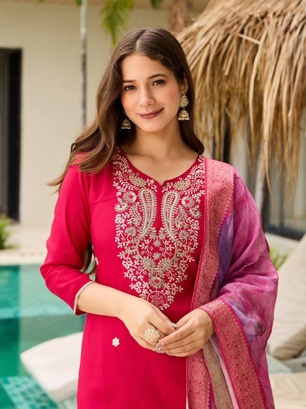 The52 Women's Gorgeous Viscose Embroidery work Straight Kurta with Pant and Dupatta Set - Distacart