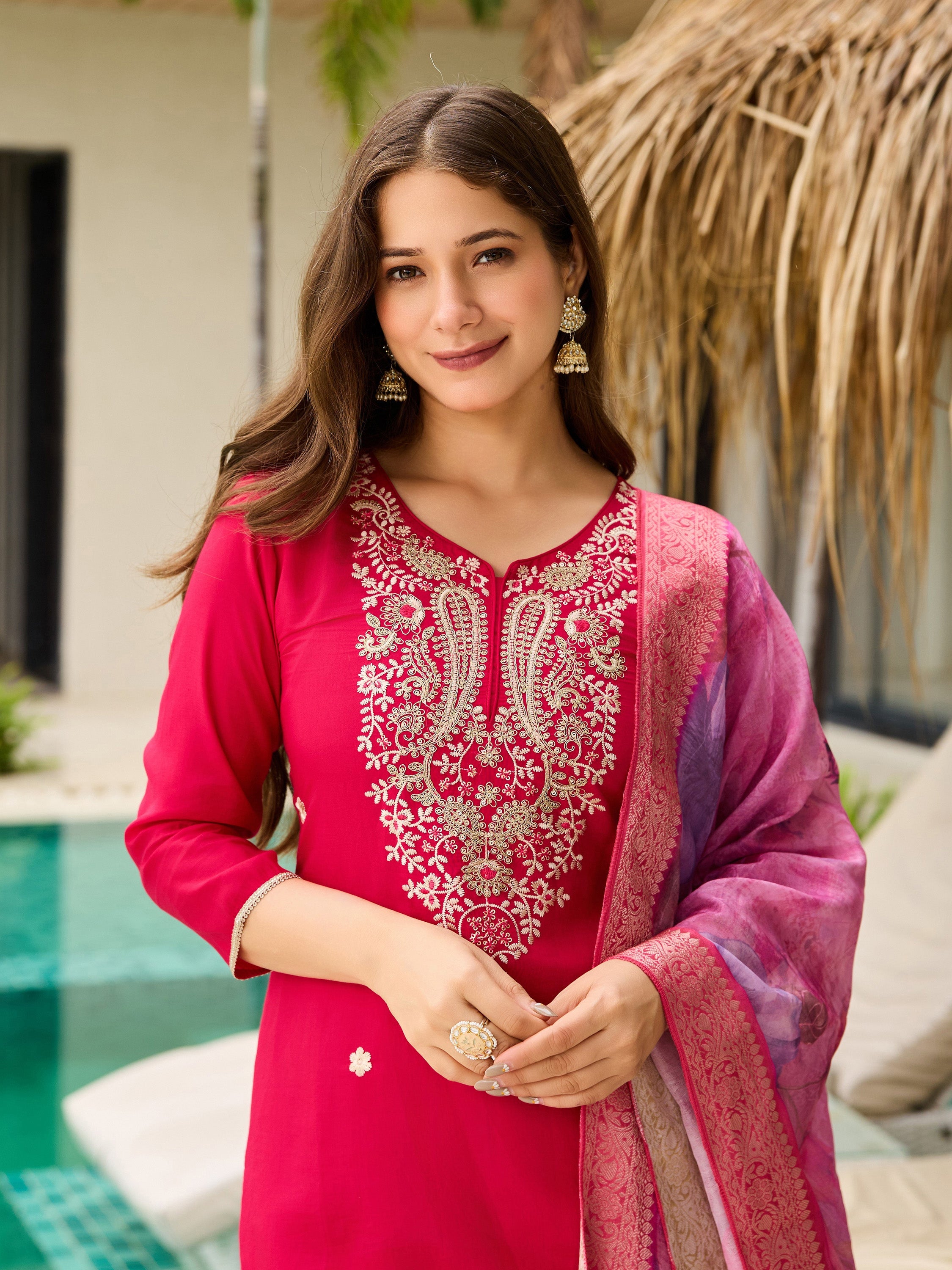 The52 Women's Gorgeous Viscose Embroidery work Straight Kurta with Pant and Dupatta Set - Distacart
