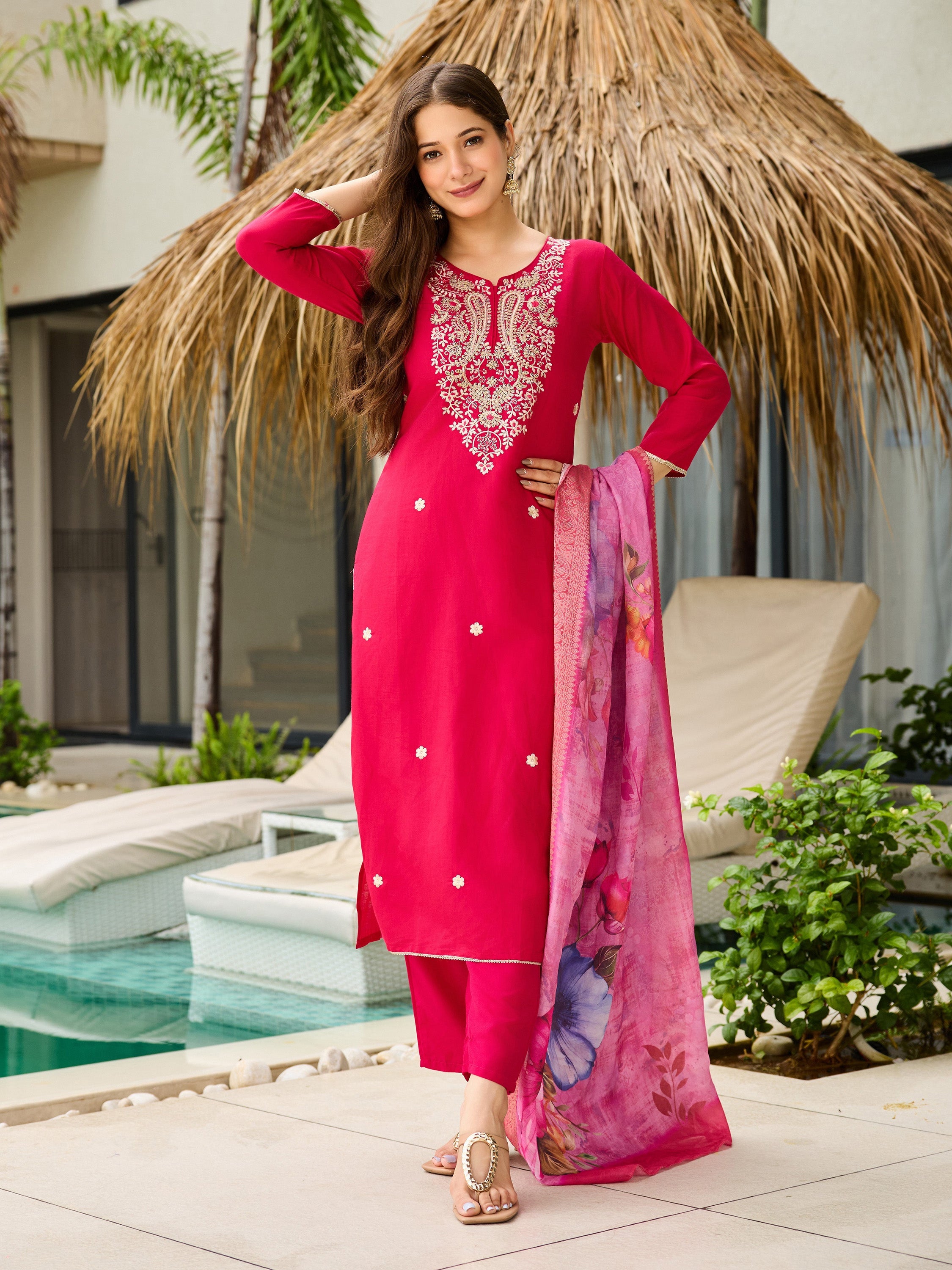 The52 Women's Gorgeous Viscose Embroidery work Straight Kurta with Pant and Dupatta Set - Distacart