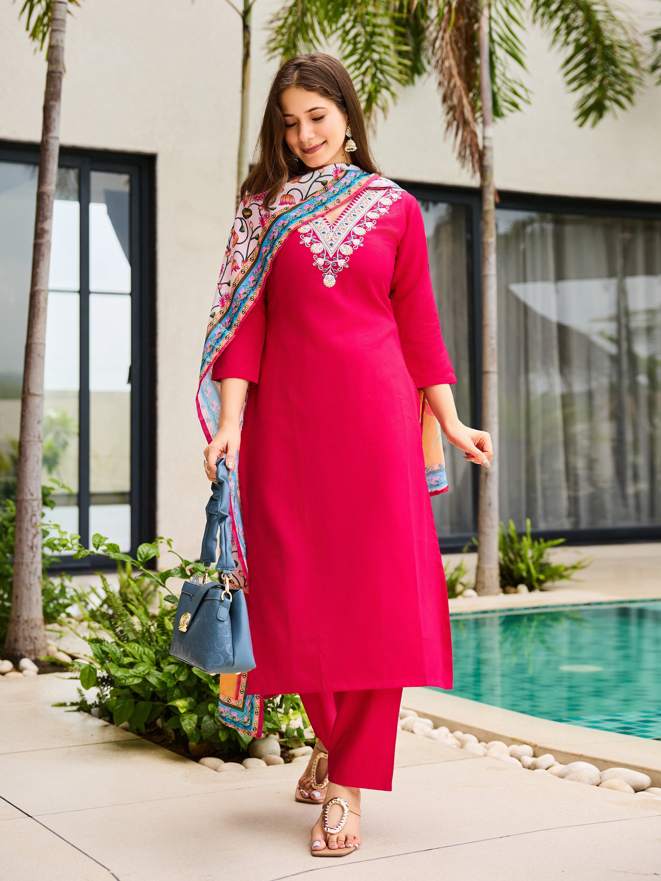 The52 Thread Work Rayon Fabric Straight Kurta, Pant and Dupatta Set - Distacart